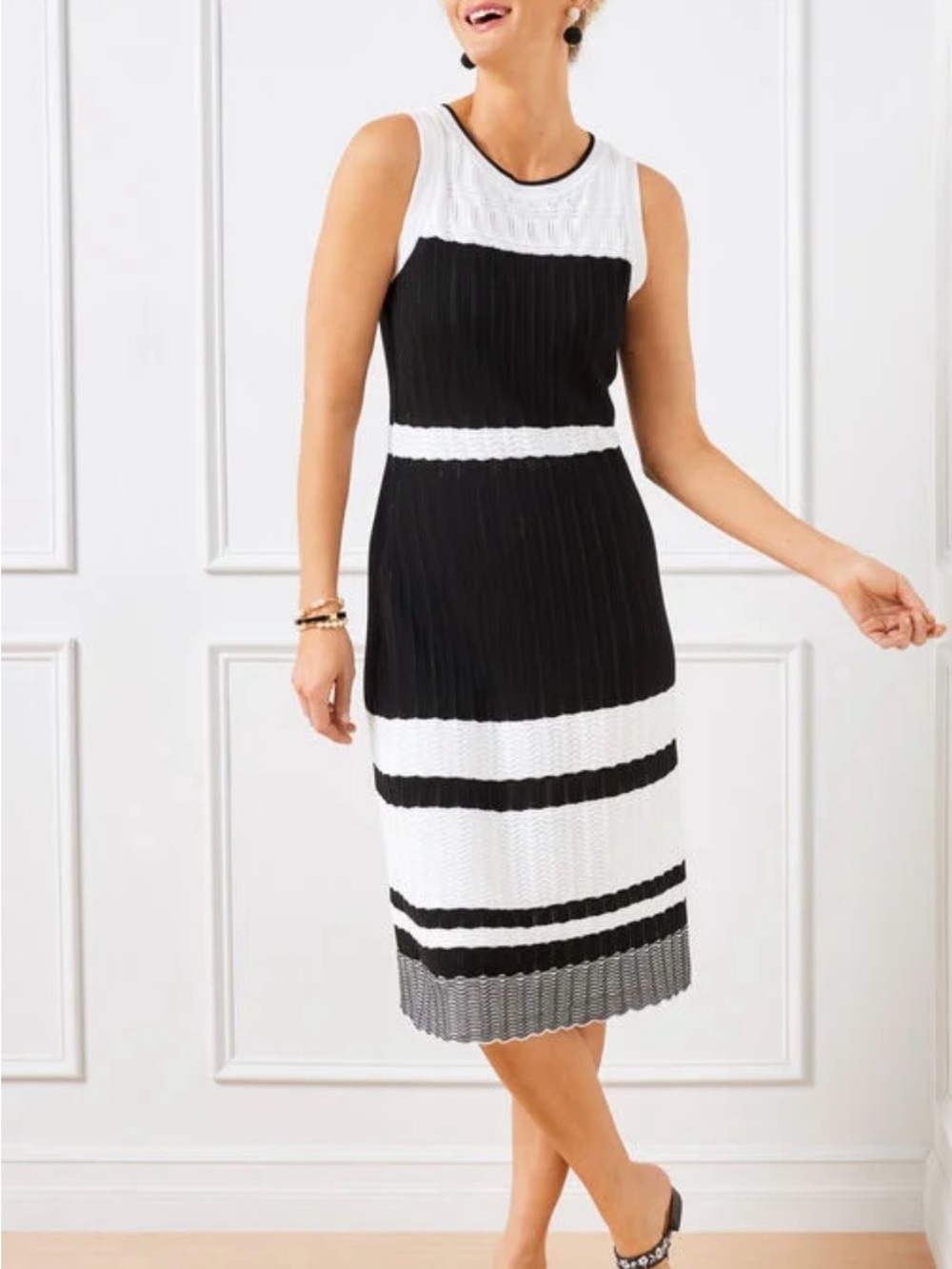 Talbots Pointelle Stitch Black and White Sleeveless Sweater Midi Dress - Sz XLP